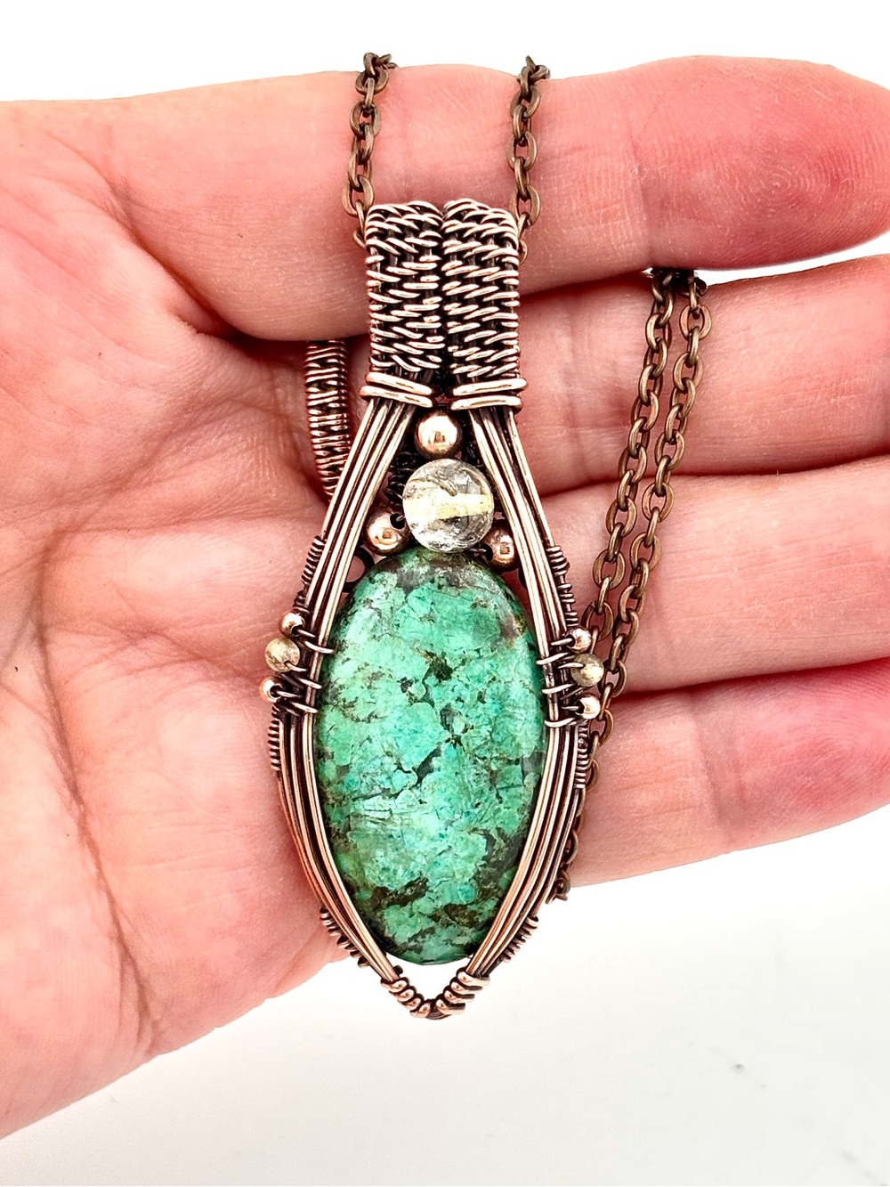 HANDMADE Artisan Brazilian Turquoise Citrine Copper Wire Wrap Pendant Necklace